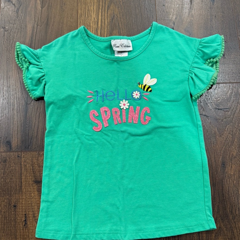 Rare Editions Green "Hello Spring" Girls 6X Tee with Bee Embroidery